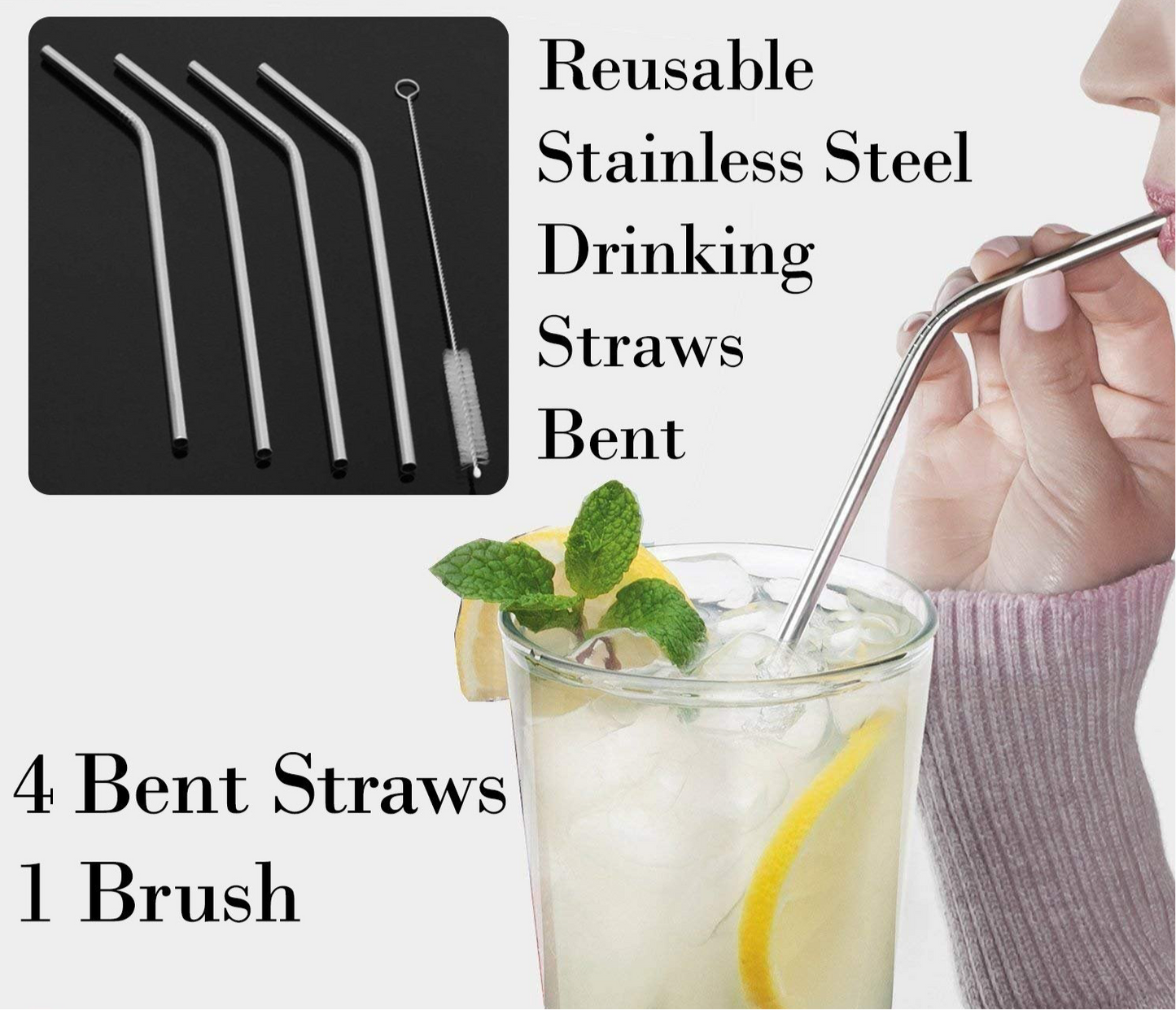 SilvraSip - Premium Reusable Bent Steel Straws (Set of 4 + Cleaning Brush free)