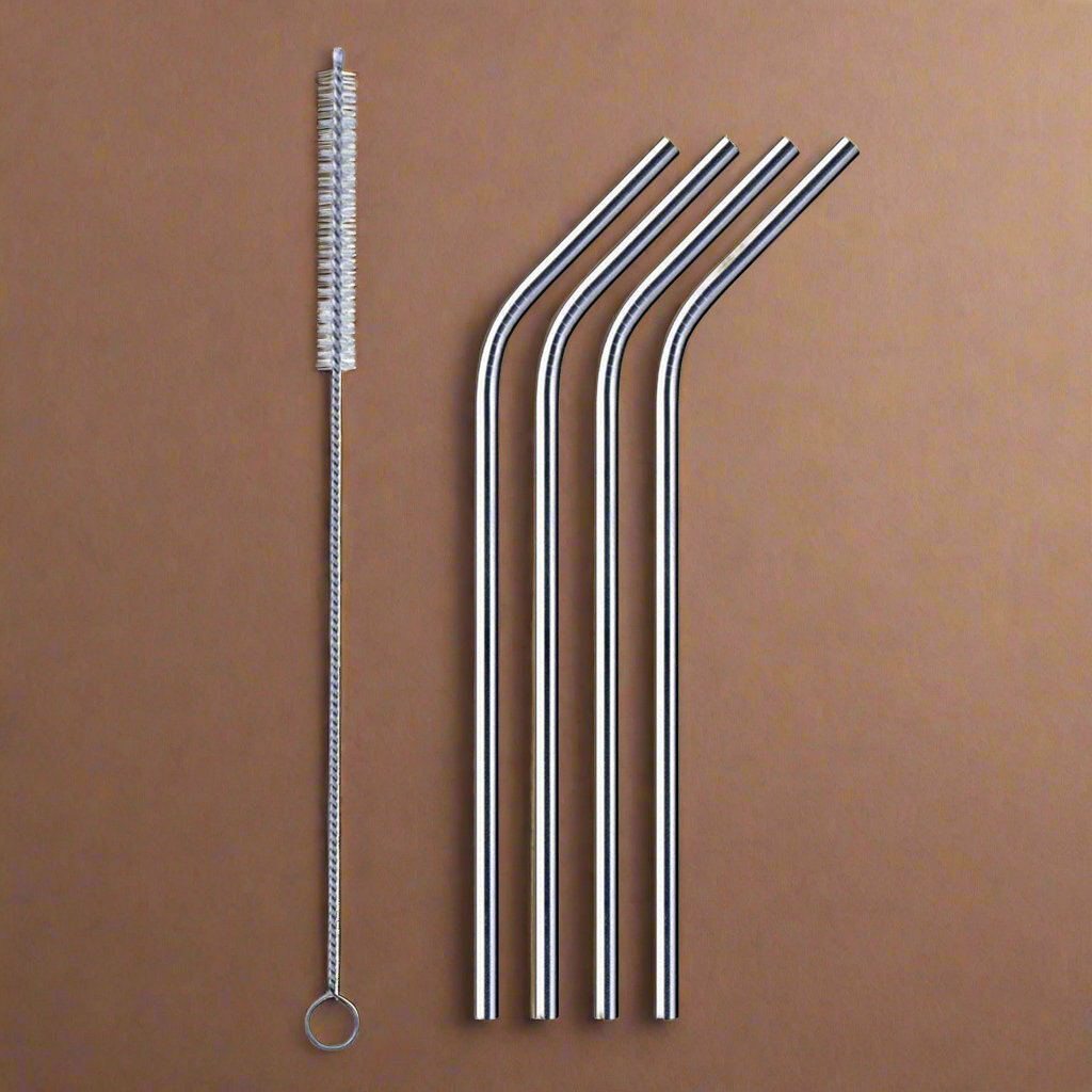 SilvraSip - Premium Reusable Bent Steel Straws (Set of 4 + Cleaning Brush free)