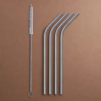 SilvraSip - Premium Reusable Bent Steel Straws (Set of 4 + Cleaning Brush free)